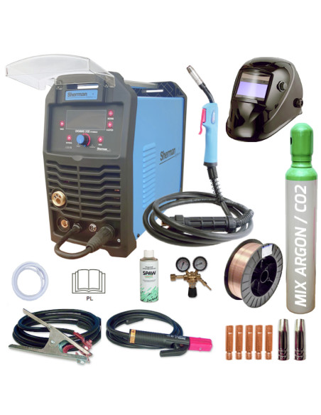 Zestaw: Digimig 200 Synergic, uchwyt MB15-3m, przewód masowy, przewód elektrodowy, maska samościemniająca, butla mieszanka Ar/Co