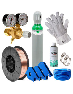 Zestaw startowy do migomatu, butla , reduktor, drut, rękawice, wężyk gazowy,kątowniki,spawmix 2